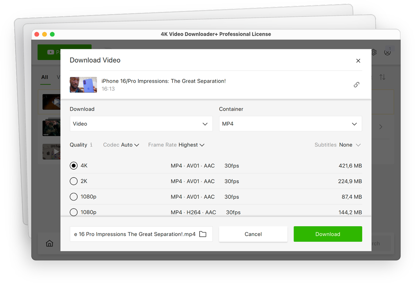 4K Video Downloader: Dialogo Download Video de 4K Video Downloader+ eligiendo calidad (4K, 2K, 1080p), contenedor MP4 y peso estima