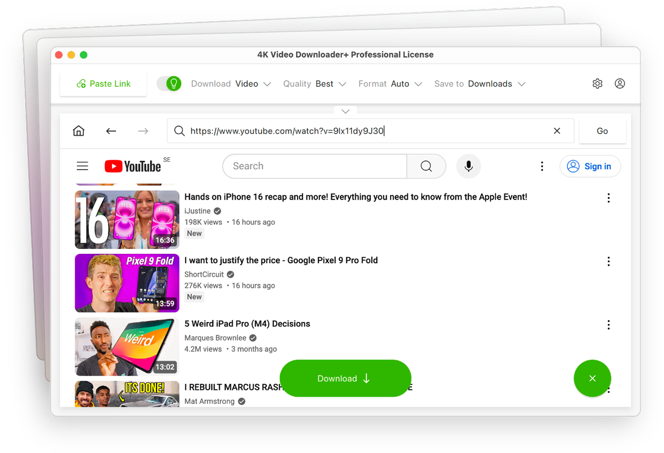 4K Video Downloader: Navegador integrado de 4K Video Downloader+ mostrando YouTube dentro de la app con el boton verde Download flo