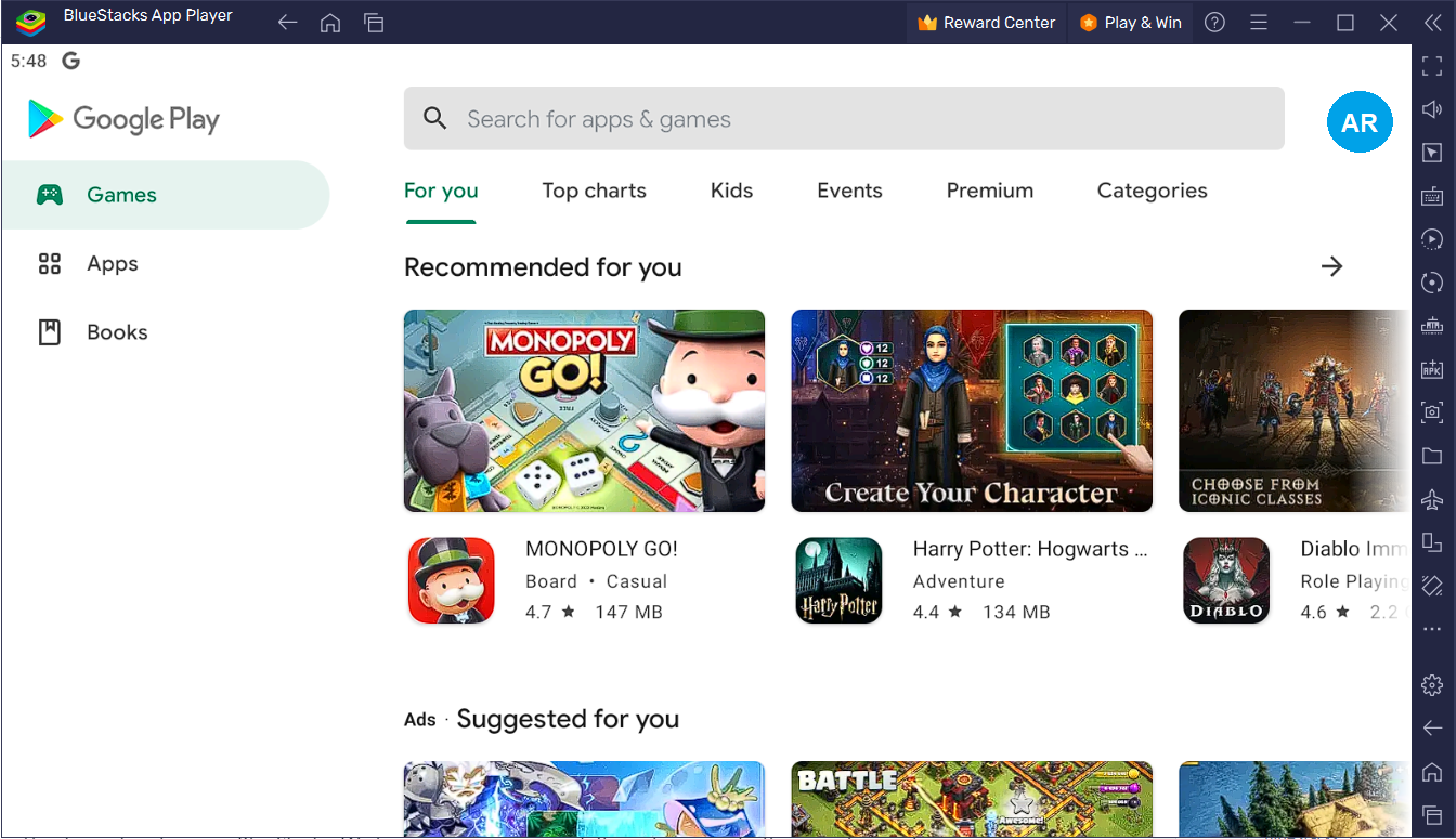 BlueStacks: Ventana de BlueStacks App Player con la Google Play Store abierta dentro del emulador; se ven la barra superio