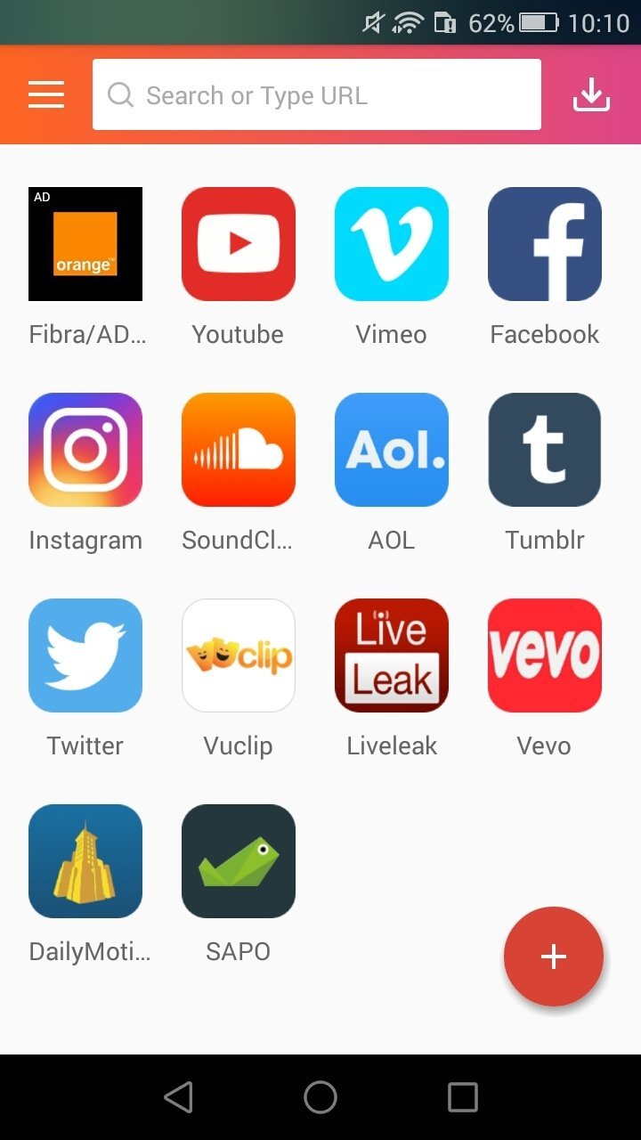 InsTube: Pantalla de inicio de InsTube con la rejilla de sitios soportados: YouTube, Vimeo, Facebook, Instagram, SoundC