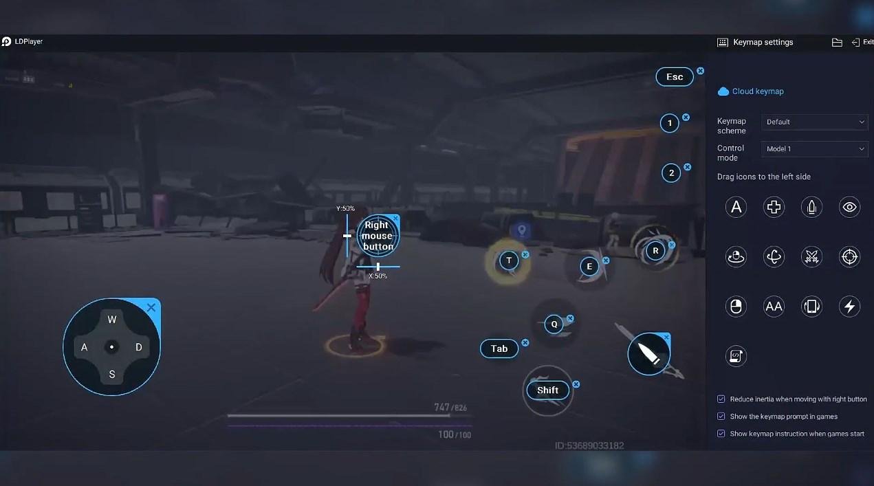 LDPlayer: Editor de mapeo de teclado de LDPlayer sobre un juego en marcha: cruceta WASD, teclas asignadas y panel latera