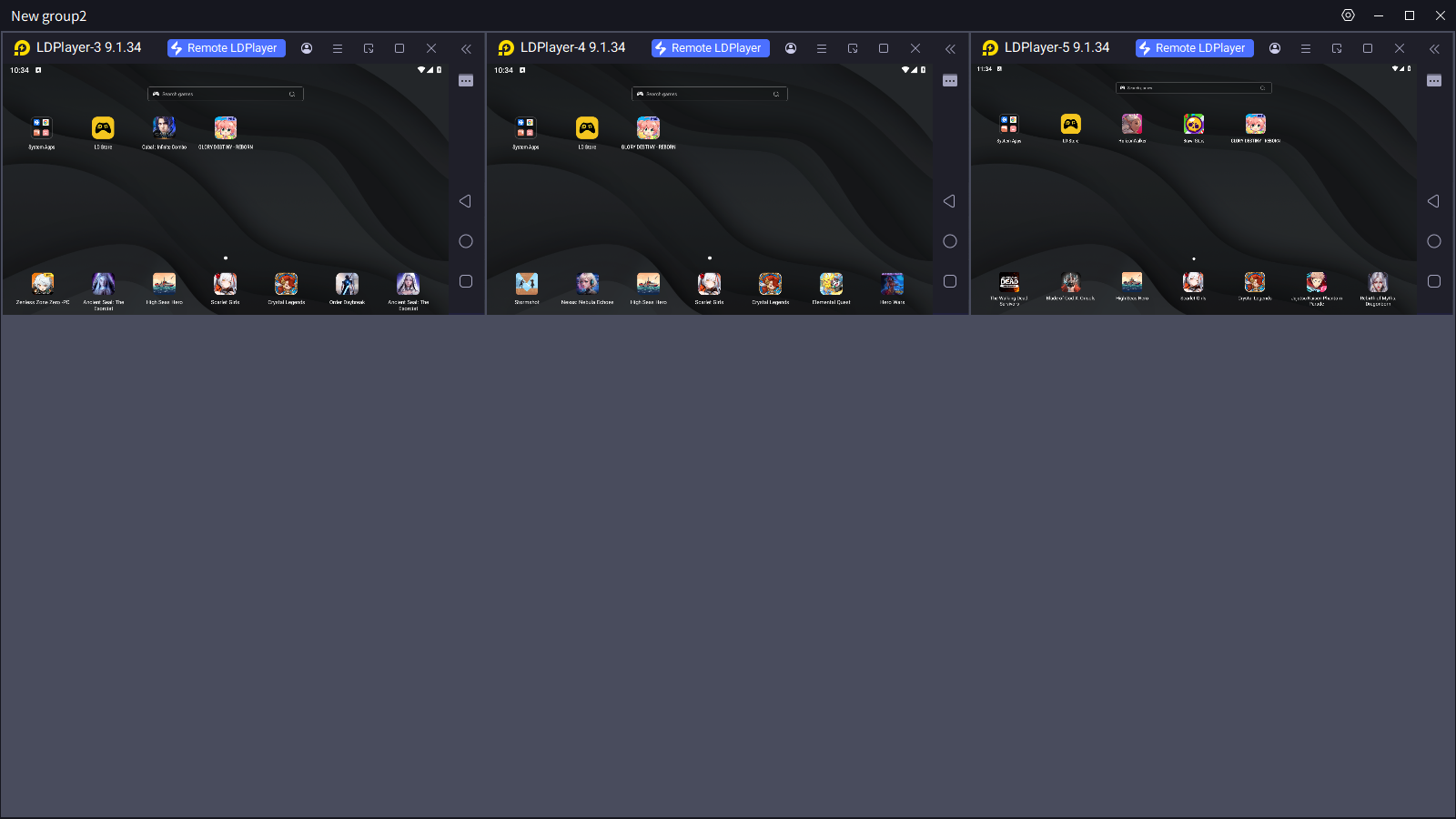 LDPlayer: Vista de grupo del gestor multi-instancia de LDPlayer 9.1.34 con tres emuladores sincronizados en paralelo.