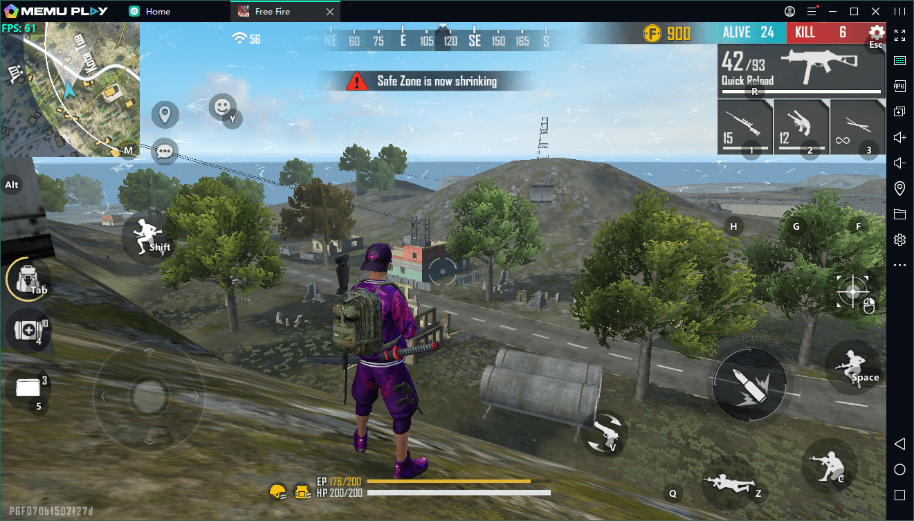 MEmu Play: MEmu Play con un battle royale y el mapeo de teclas superpuesto, mas el contador de FPS arriba a la izquierda.