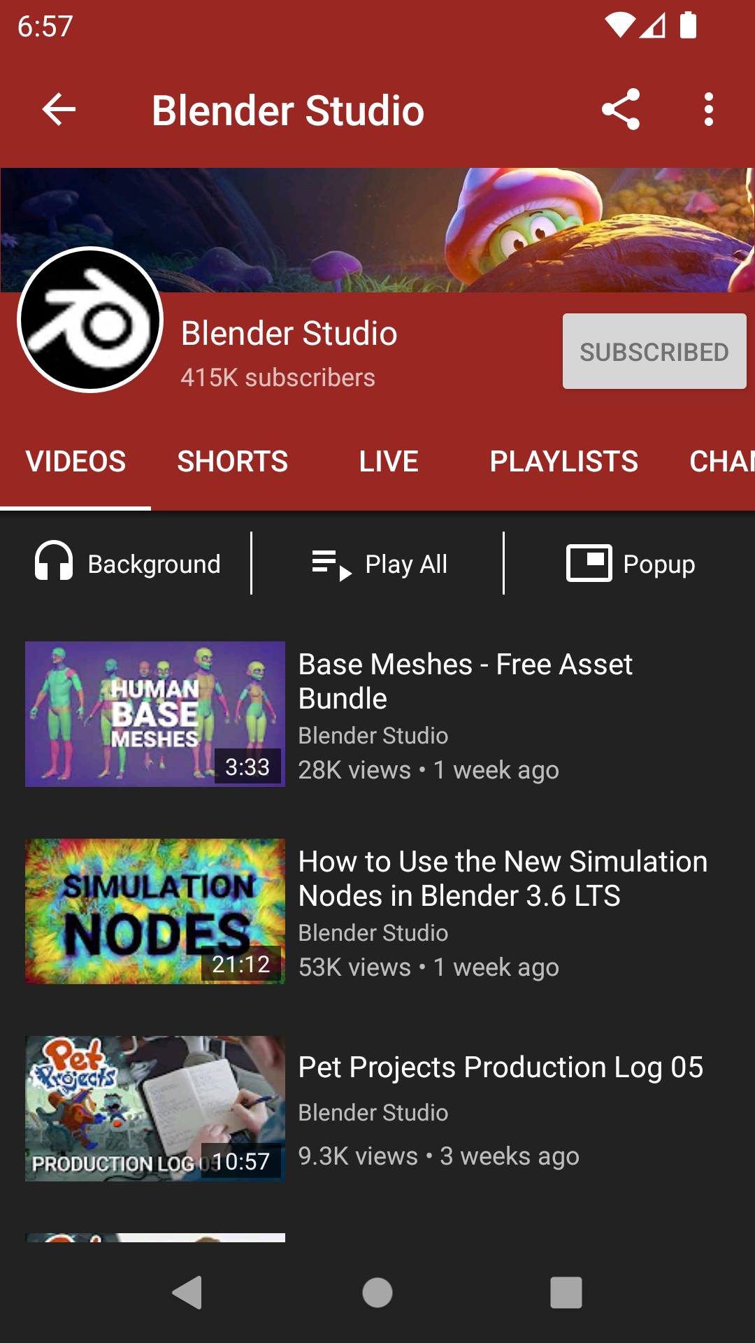 NewPipe: Pagina de canal en NewPipe con las pestanas Videos/Shorts/Live/Playlists y los botones Background, Play All y 