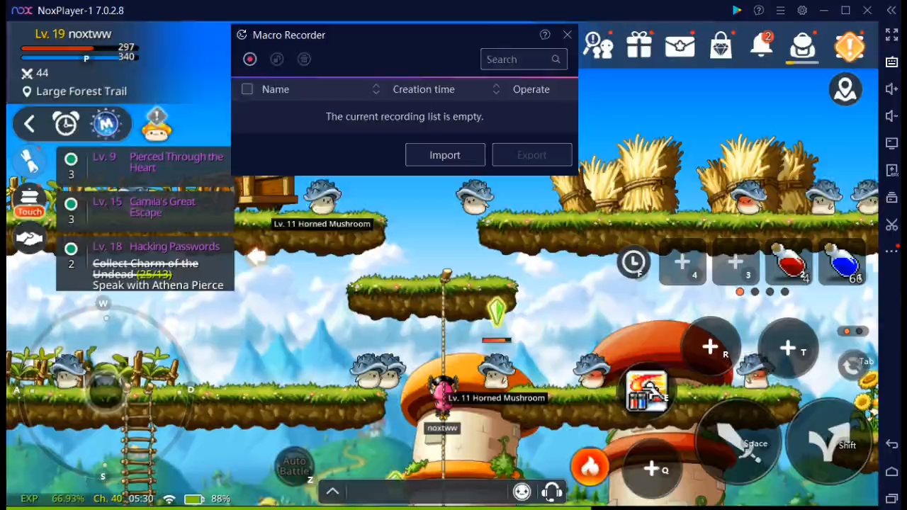 NoxPlayer: Grabador de macros de NoxPlayer abierto sobre una partida, con la lista de grabaciones y los botones Importar/