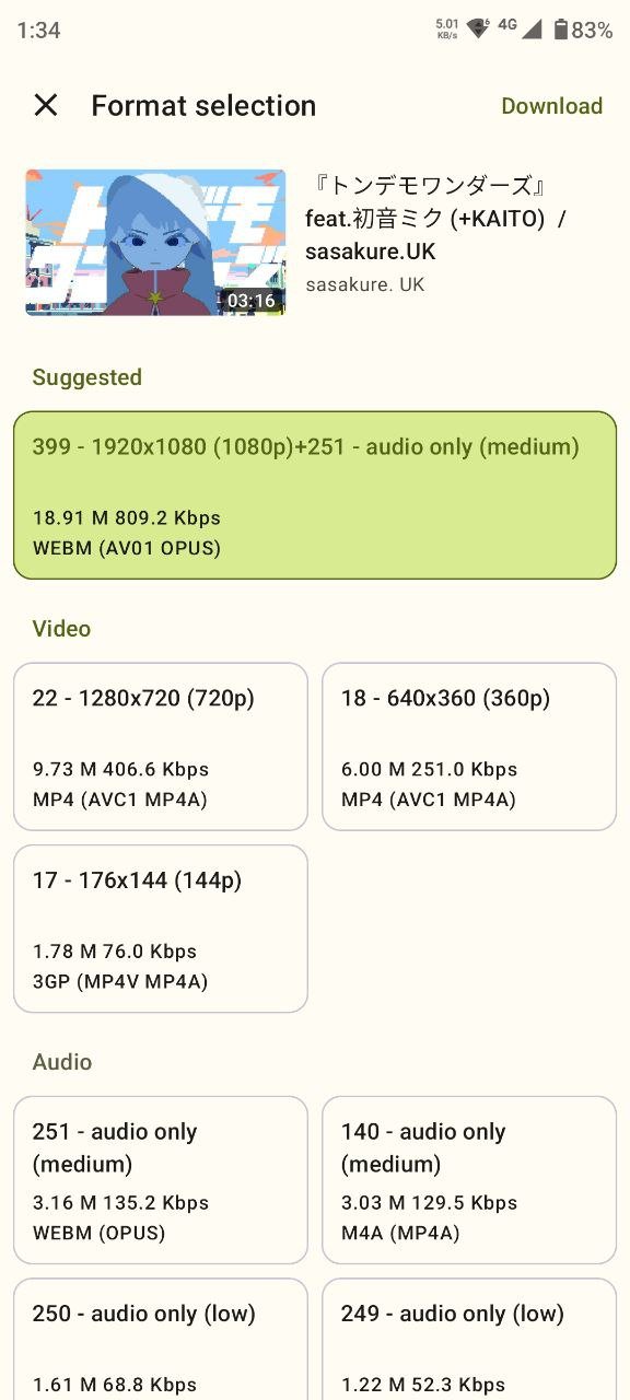 Seal: Pantalla Format selection de Seal con los formatos de video y audio disponibles, bitrate, codec y peso de cada