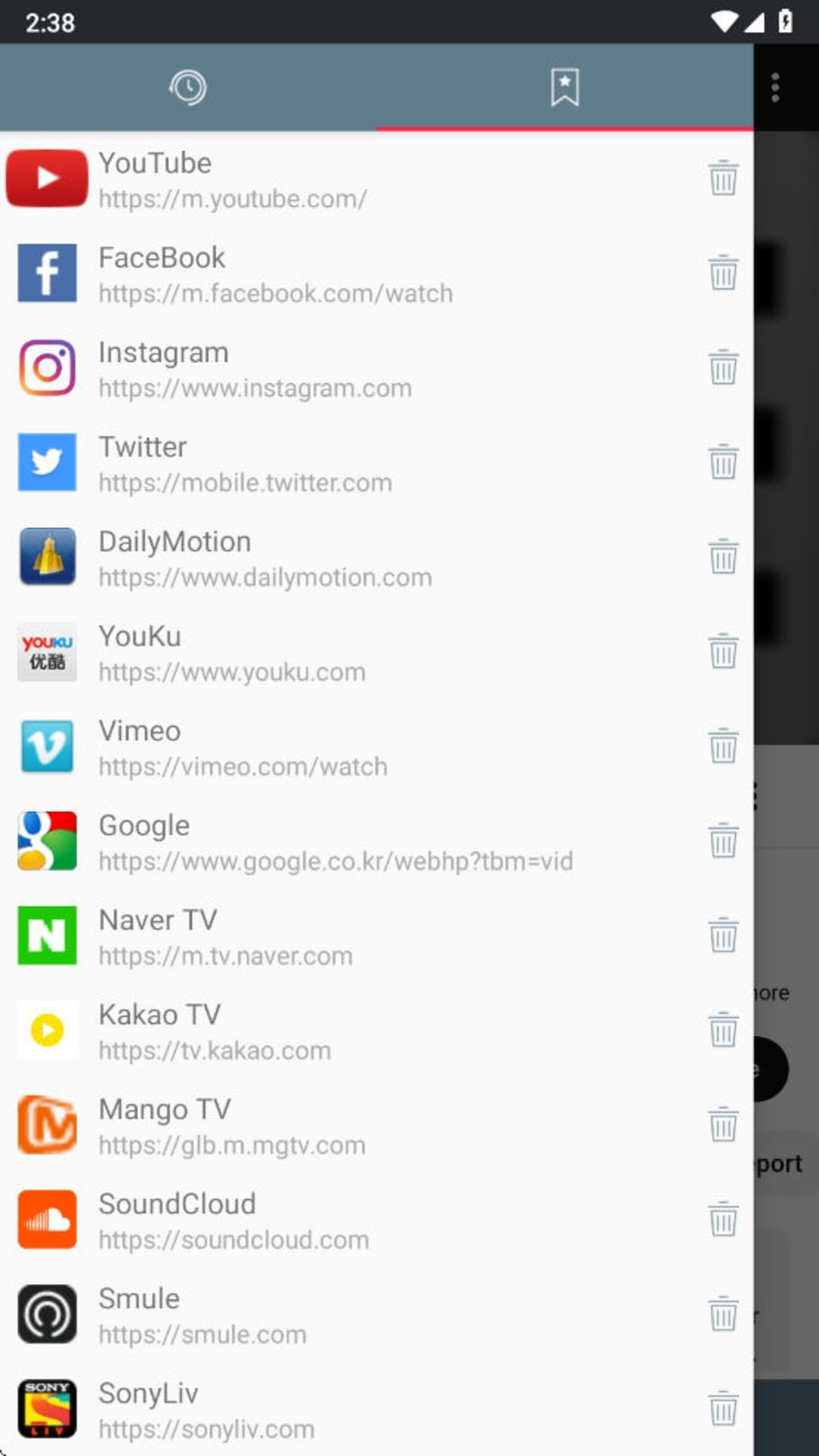 TubeMate: Panel de sitios y marcadores de TubeMate: YouTube, Facebook, Instagram, Twitter, DailyMotion, YouKu, Vimeo, Go
