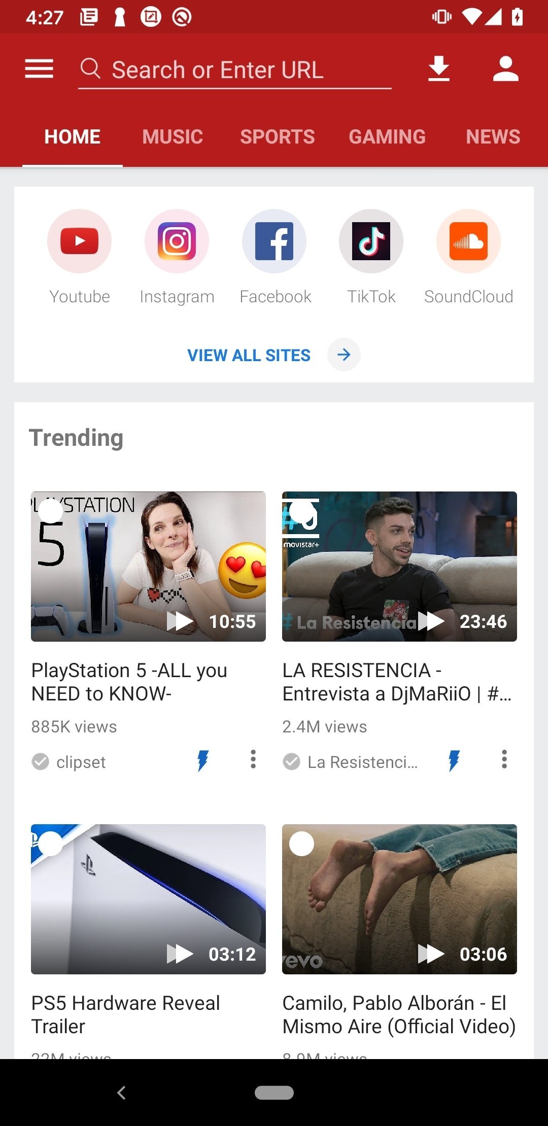 Videoder: Inicio de Videoder con la barra 