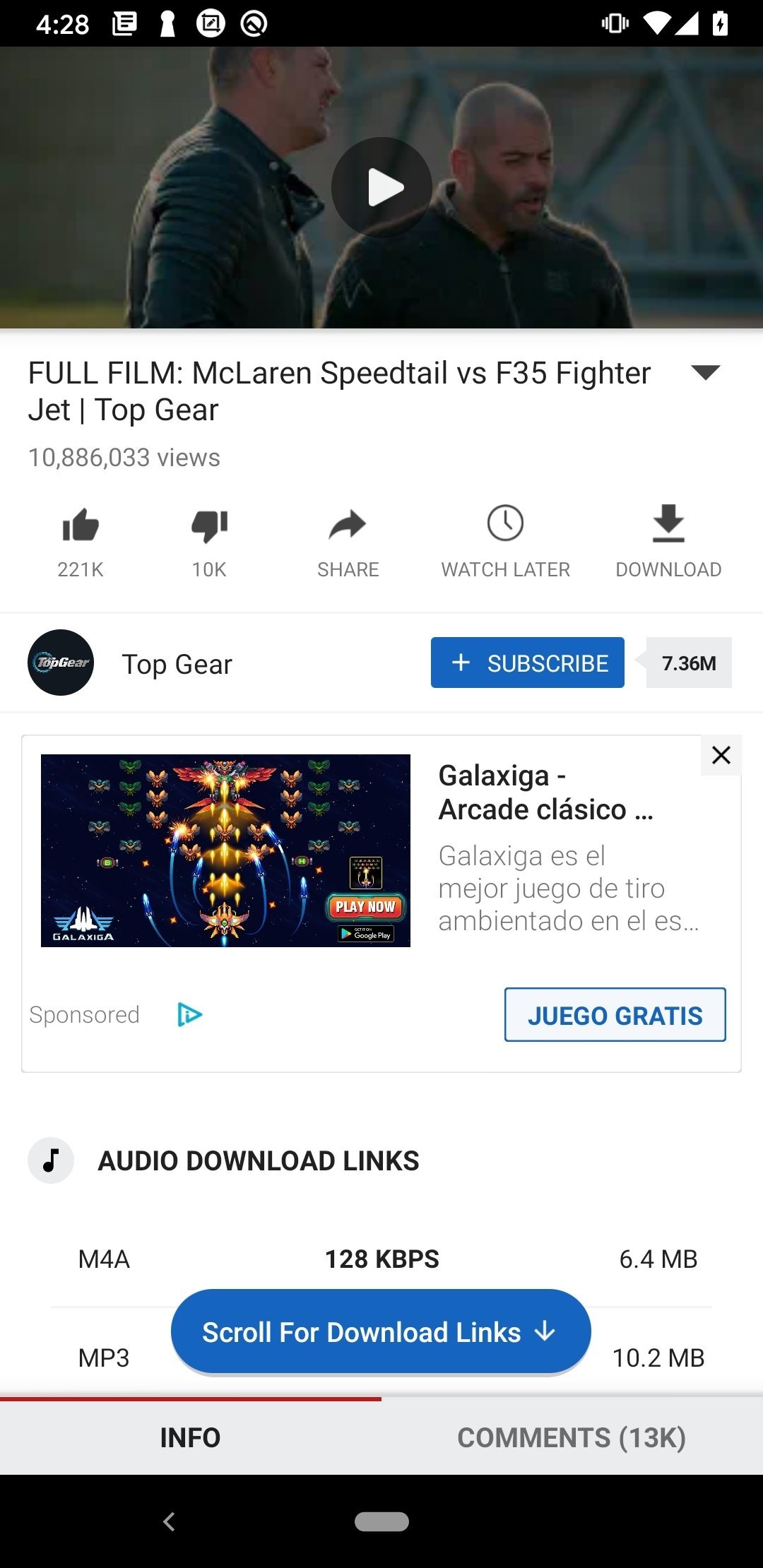 Videoder: Ficha de video en Videoder con los botones Like / Share / Watch later / Download y la seccion 