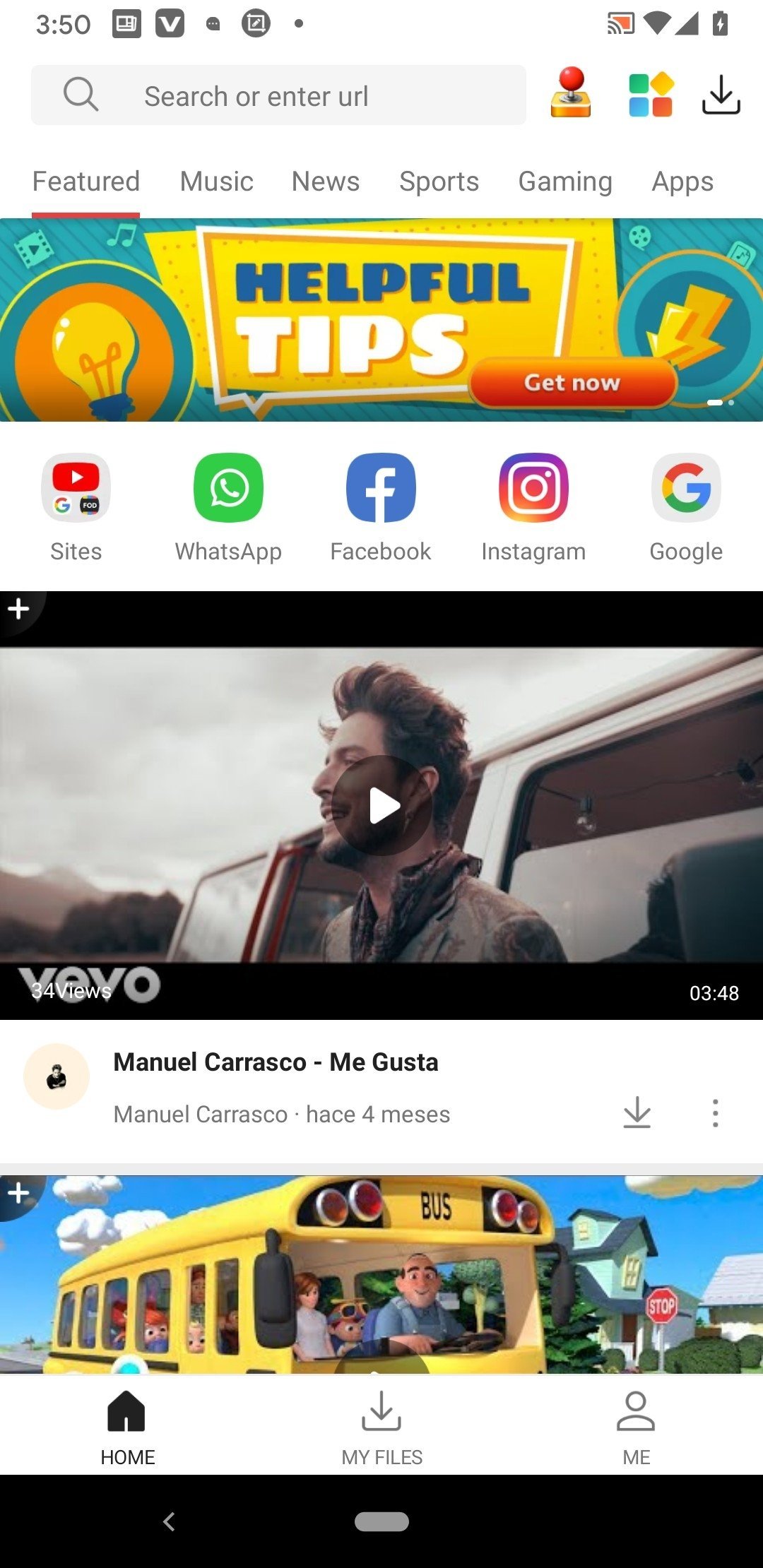 VidMate: Pantalla de inicio de VidMate en un movil real: buscador 