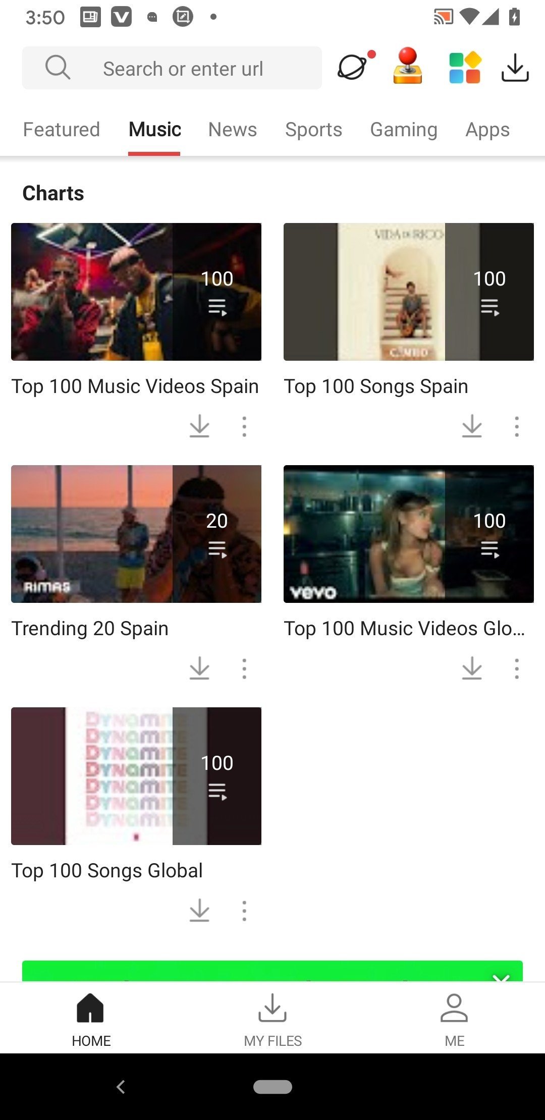 VidMate: Pestana Music de VidMate con los rankings (Top 100 Music Videos Spain, Top 100 Songs Spain, Trending 20, Top 1